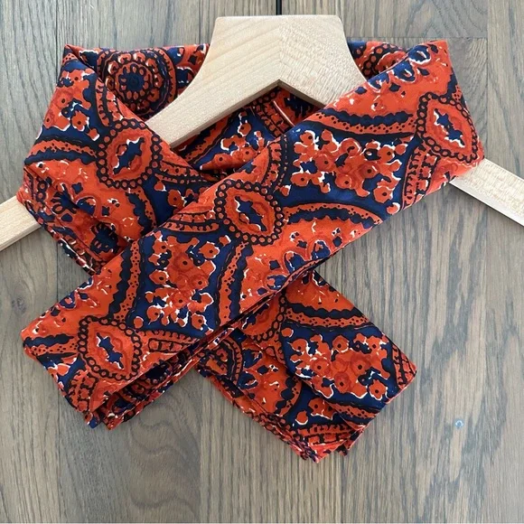 SOLD Anthropologie Vintage 100% Silk Paisley Printed Scarf Rust, Navy, and Cream - Picture 5 of 6